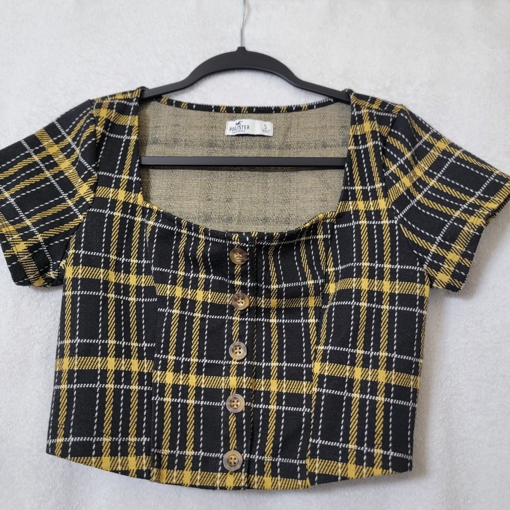 Hollister Abercrombie Crop Top Black Yellow Plaid Preppy Academia Y2K Clueless S